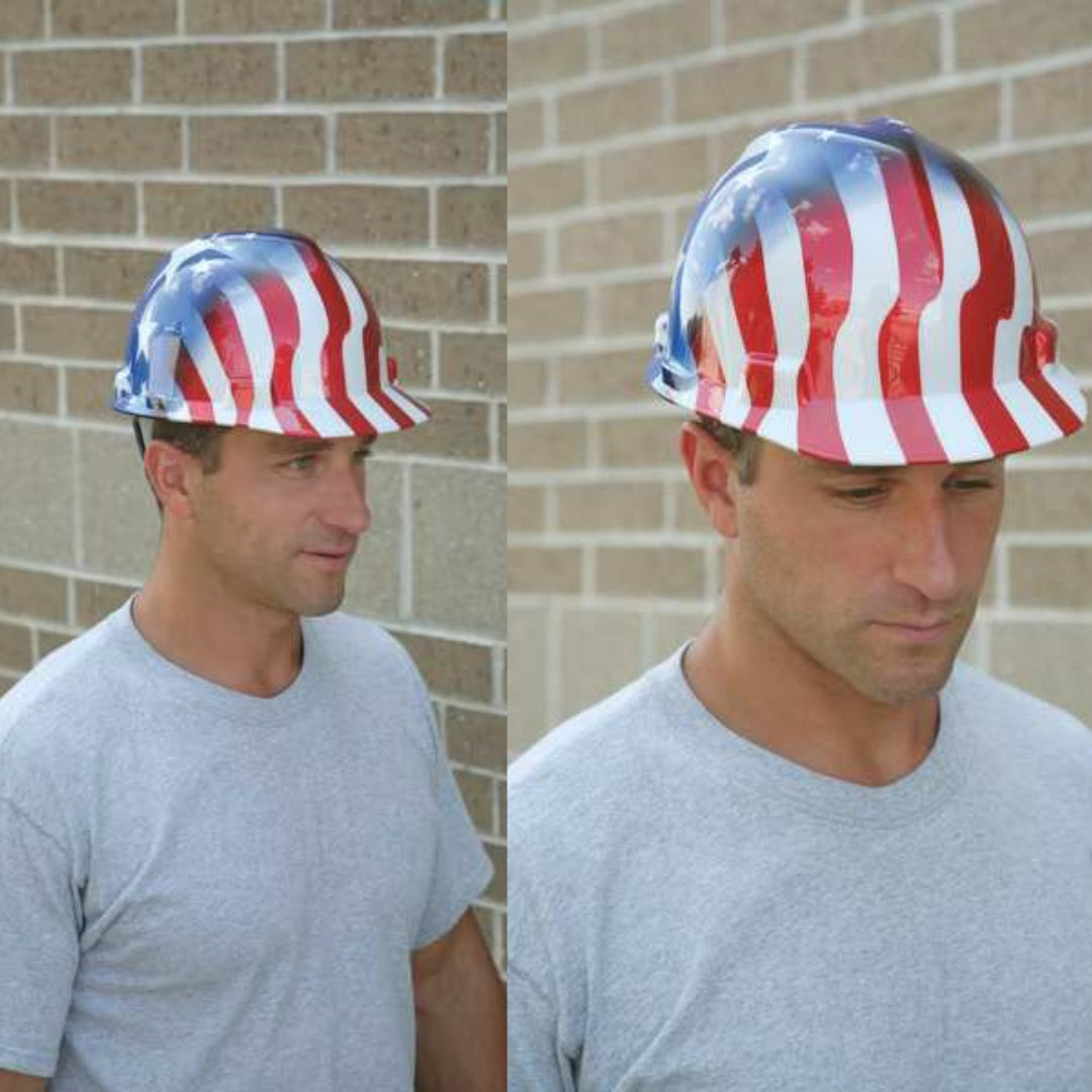 USA Flag Front Brim Hard Hat, Class E, Type 1, 6-Point Suspension USA Flag Front Brim Hard Hat, Class E, Type 1, 6-Point Suspension